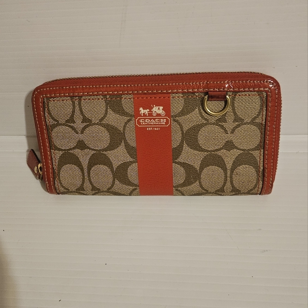 Coach Heritage Signature Stripe Zip Around Accordion Leather